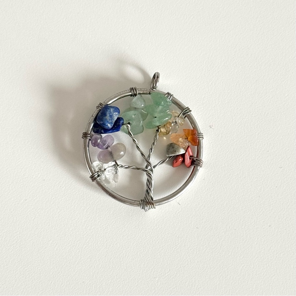 7 Chakra Tree of Life Natural Stone Pendant Silver Tone